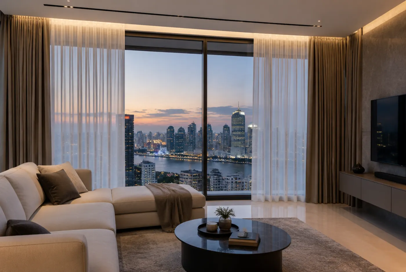 Condo living room with full-height motorised curtains