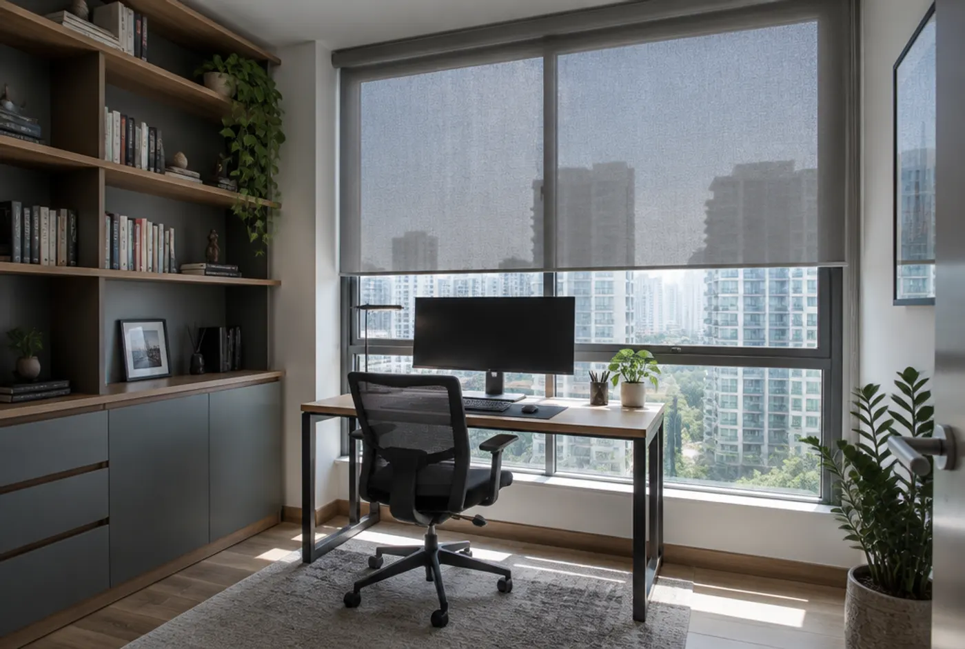 Home study with roller blinds over the desk window
