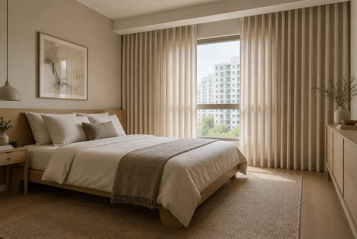 Japandi bedroom with neutral curtains