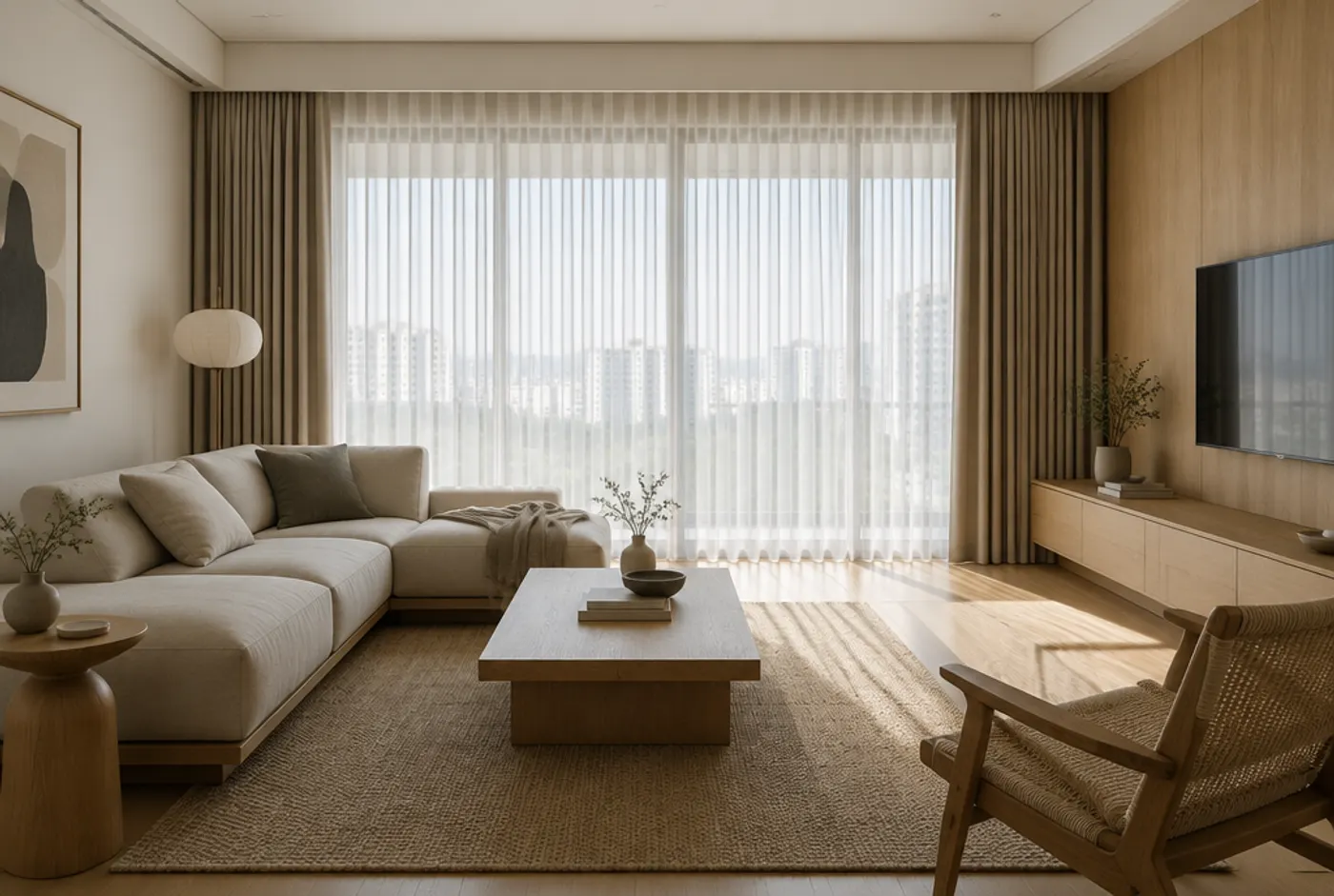 Japandi living room with light neutral curtains