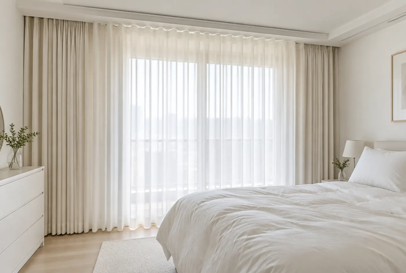 Korean-style bedroom with soft pale curtains
