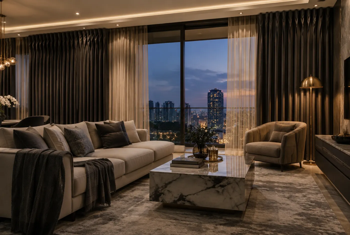 Living room with heavy velvet curtains