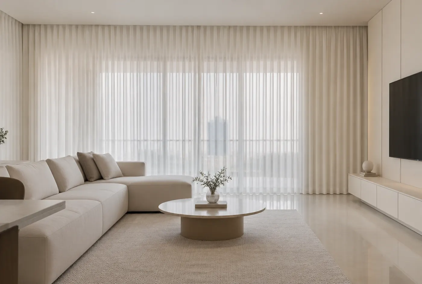 Minimalist living room with plain floor-length curtains