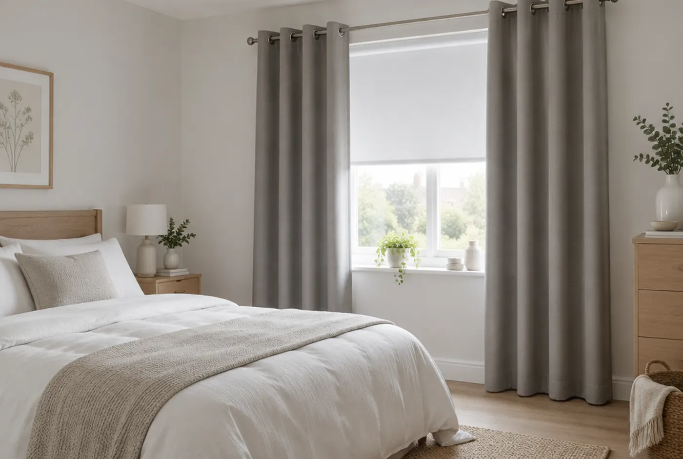 Scandinavian bedroom with light curtains