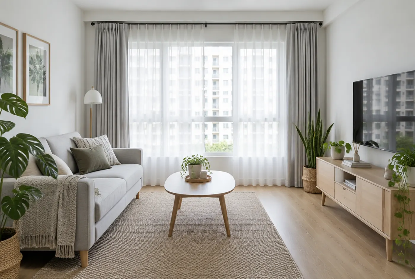 Scandinavian living room with pale curtains