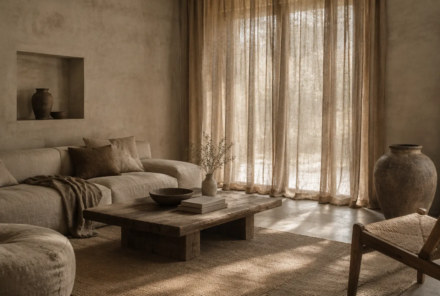 Wabi-sabi living room with textured natural curtains