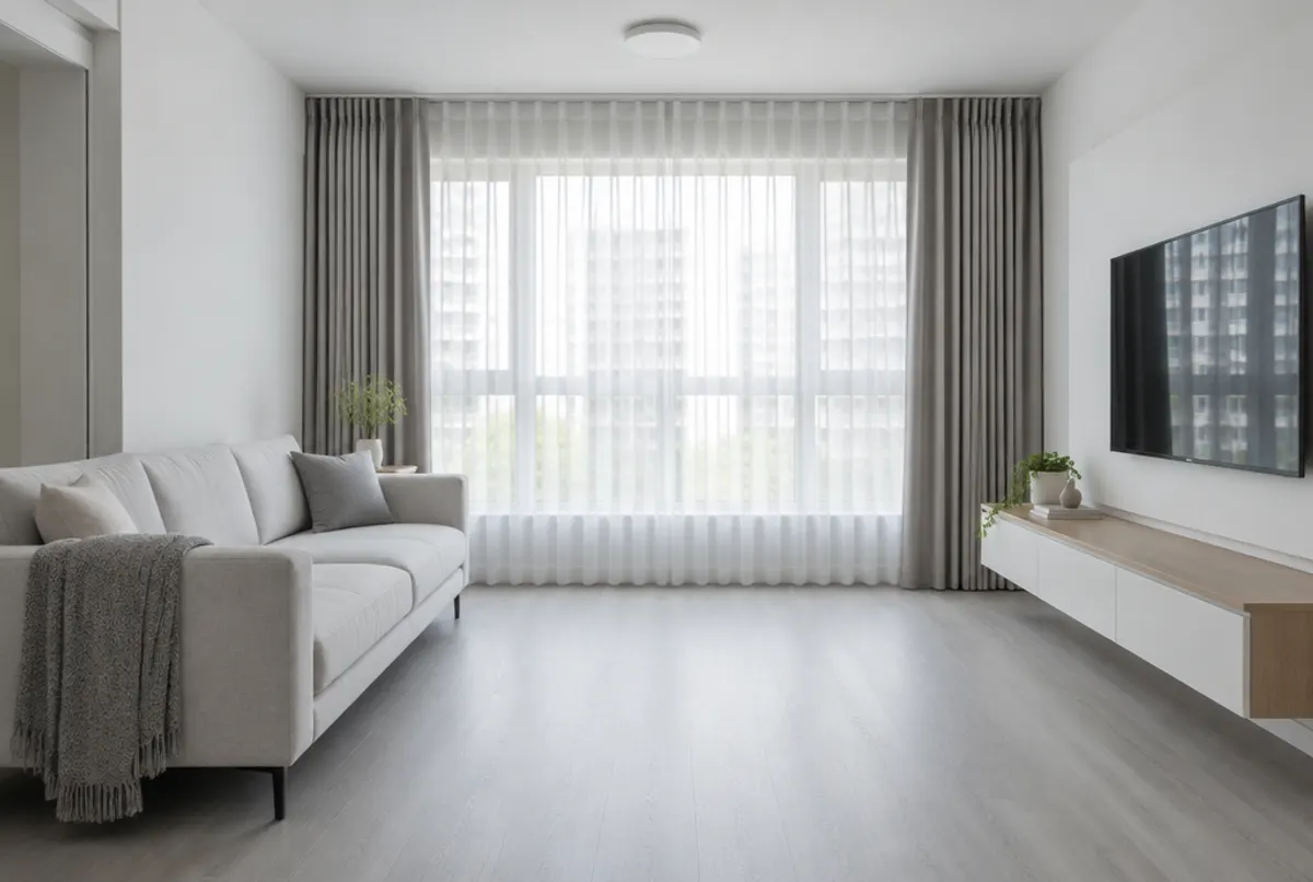 Living room in a new BTO flat with curtains on the windows
