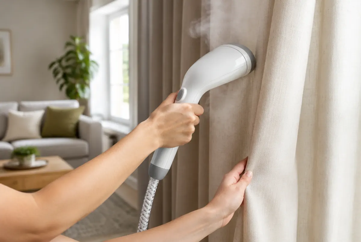Curtains being steamed after cleaning and rehanging