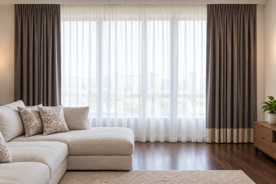 Full-height curtains and sheers around a living room